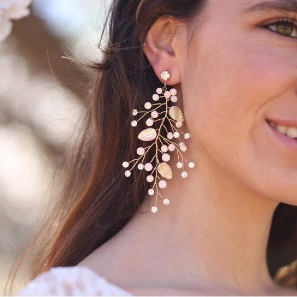 Hobo Wedding Earrings Leaf Bridal Earrings Champagne Gold - Picture 4 of 7